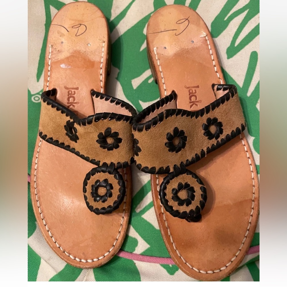 $138 JACK ROGERS PALM BEACH LEATHER SANDALS SHOES TAN BLACK 6 M